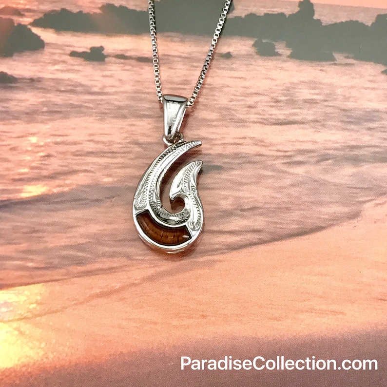 Sterling Silver Hawaiian Koa Wood 2 Side Engraved Fish Hook Image 0