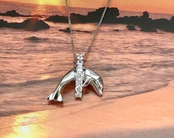 Sterling Silver Jumping Whtie MOP Dolphin & Hawaiian CZ Leis Pendant (P854) with Optional Rhodium Box Chain