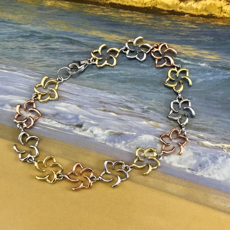 B640T Sterling Silver Hawaiian Tri-color Open Plumeria Bracelet