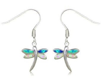 Libellula di buone dimensioni Splendido blu bianco opale orecchini artigianali in argento sterling 925 filo francese grandi colori spedizione gratuita borsa regalo AB55 - Italia