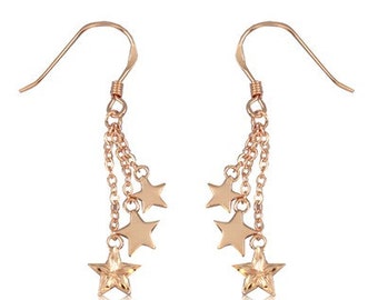 Fine Engraved Sterling Silver Rose Gold Plated Triple Hawaiian Star Dangling Earrings (E782)