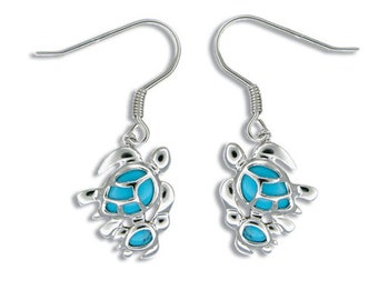 Sterling Silver Hawaiian Mother & Baby Honu Blue Turquoise Earrings (E769)