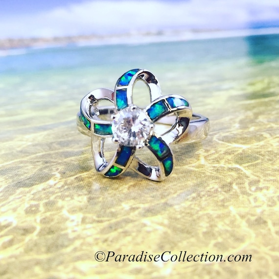 Sterling Silber Hawaiian Cut in Blue Opal Plumeria Ring mit CZ R546 Etsy