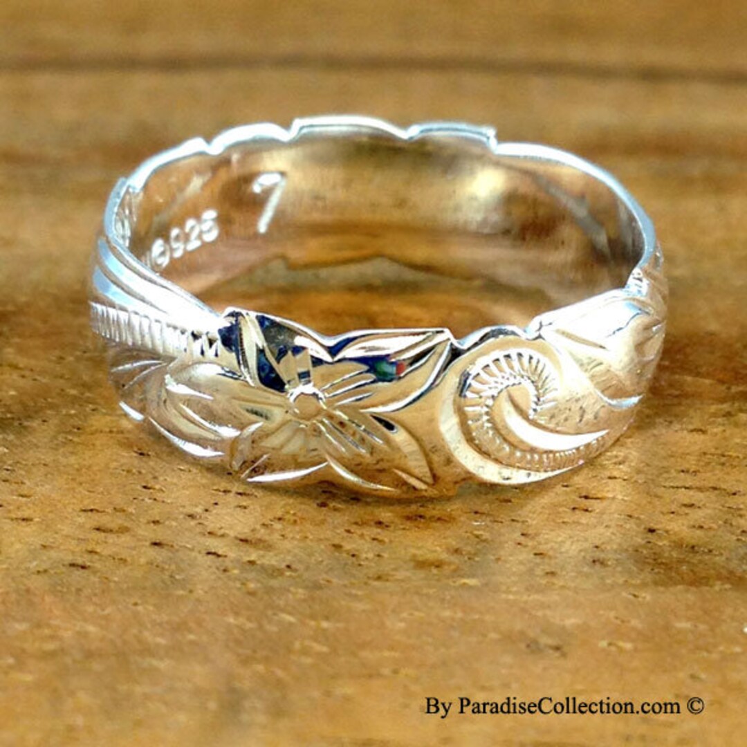 Titan Handgraviert Hawaiiian Plumeria Rollenband Ring Glatte Kante 10 Mm
