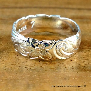 Sterling Silver 6MM Hawaiian Plumeria and Scroll Ring with Cut-Out Edge (R505)