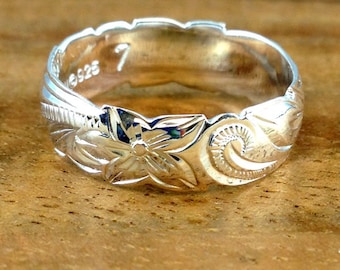 Sterling Silver 6MM Hawaiian Plumeria and Scroll Ring with Cut-Out Edge (R505)