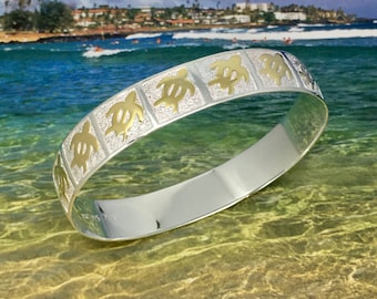 Sterling Silver Two Tone 12mm Hawaiian HONU Design with Plain Edge Bangle (B246_12mm)