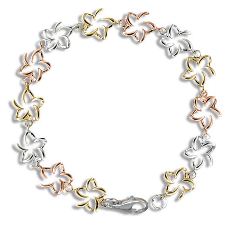 B640T Sterling Silver Hawaiian Tri-color Open Plumeria Bracelet