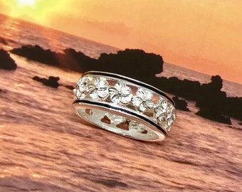 Sterling Silver Hawaiian Hibiscus (State Flower) Ring Band/Black Border (R203)