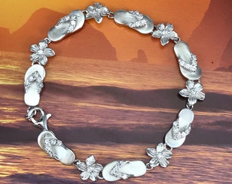 Sterling Silver Hawaiian Plumeria and Flip Flop Design Bracelet (B268)