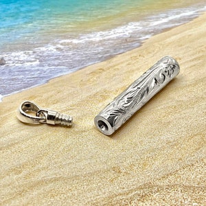 Sterling Silver Hand Carved Hawaiian Cremation Urn Ash Holder with Mini Funnel Filler Kit