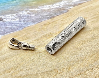 Sterling Silver Hand Carved Hawaiian Cremation Urn Ash Holder with Mini Funnel Filler Kit