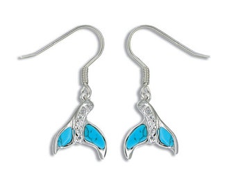 Sterling Silver Hawaiian Whale Tail Blue Turquoise Earrings with CZ (E768)