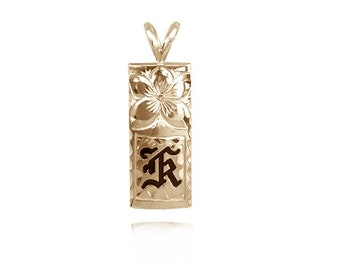 14KT Yellow Gold Single Initial Hawaiian Pendant with Hand Carved Plumeria Optional 14KT Gold Box Chain