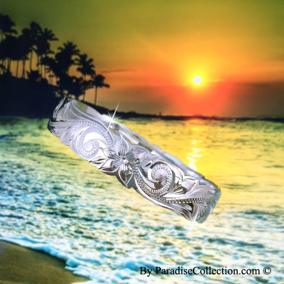Pulsera Hawaiana De Plata 925 - Brazalete Con Flor De Plumeria, Estilo Aloha, 12mm