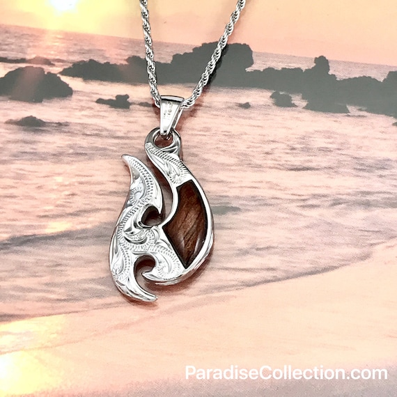 Sterling Silver Hawaiian Koa Wood Fancy 2 Side Engraved Fish Hook Pendant  With Rhodium Rope Chain P1184 