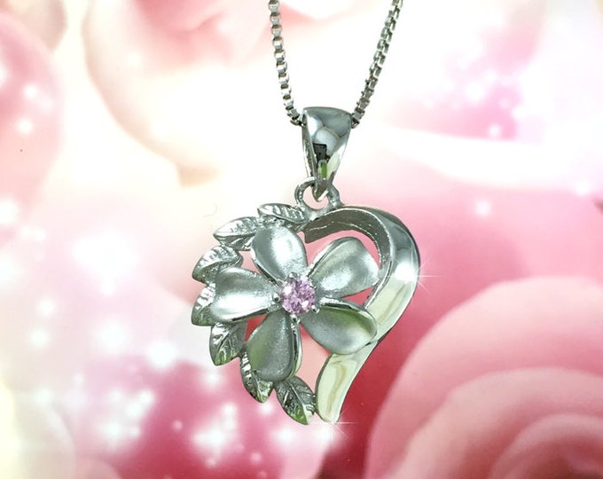 Featured listing image: Sterling Silver Hawaiian Plumeria in Heart with Pink CZ Pendant  (P777_PK) with (Optional Rhodium Box Chain)