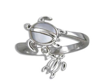 Sterling Silver Hawaiian Mother & Baby Honu White MOP Ring (R542)