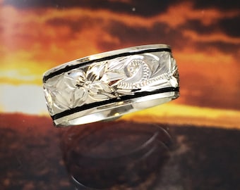 Sterling Silver 8MM Hawaiian Plumeria and Scroll Ring with Black Border (R206_8mm)