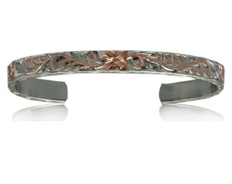 Fine Engraved Sterling Silver 2 Toned Hawaiian Plumeria & Scroll 8mm Cuff Bangle (BC003)