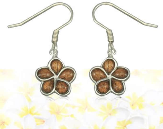 Featured listing image: Sterling Silver Hawaiian Koa Wood Plumeria Fish Wire Earrings (E801)