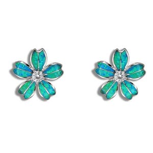 Sterling Silver Hawaiian Blue Opal Plumeria Pierced Earrings with CZ (E737)