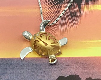 14KT Yellow Gold Diamond Hawaiian Hibiscus Medium Honu