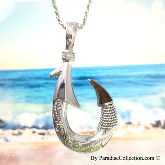 Sterling Silver Hawaiian Koa Wood Fish Hook with 2 Side Engraving Scroll  Design Pendant (L) P1192 with Optional Rhodium Rope Chain