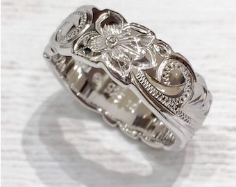 Sterling Silver 8MM Hawaiian Plumeria and Scroll Ring  (R204)