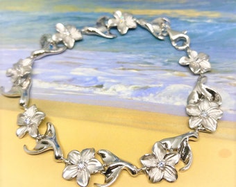 Sterling Silver Hawaiian Plumeria and Whale Tail Design Bracelet (B617)