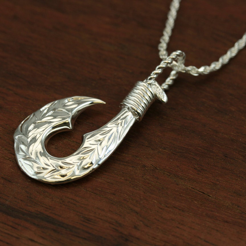 Sterling Silver Hawaiian Fish Hook With Two Side Engraved Maile