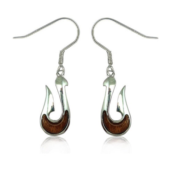 Sterling Silver Hawaiian Koa Wood Fish Hook Wire Earrings Image 0