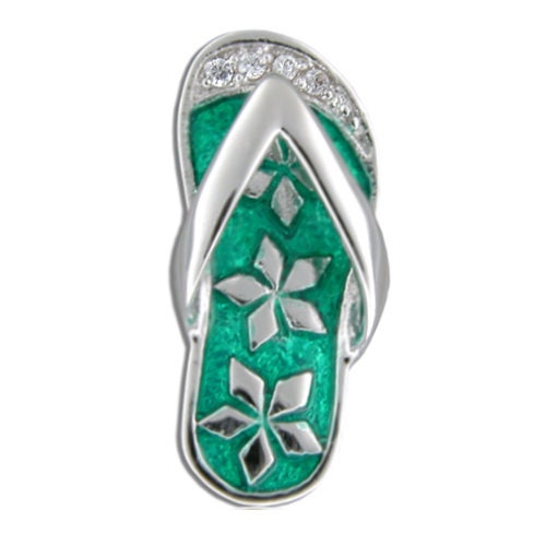 Sterling Silver Hawaiian Slipper with Green Enamel Clear CZ Flower ...