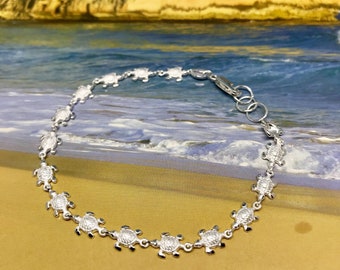 Sterling Silver 7MM Mini Hawaiian Sea Turtle Design Bracelet (B619) & Anklet (A227)