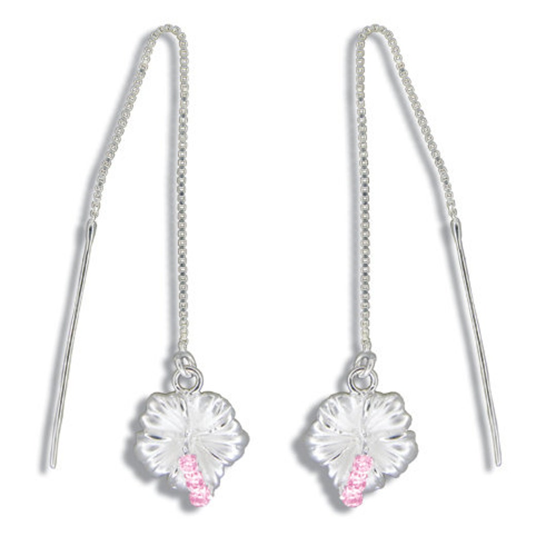 Sterling Silver White Sand Hawaiian Hibiscus With Pink CZ