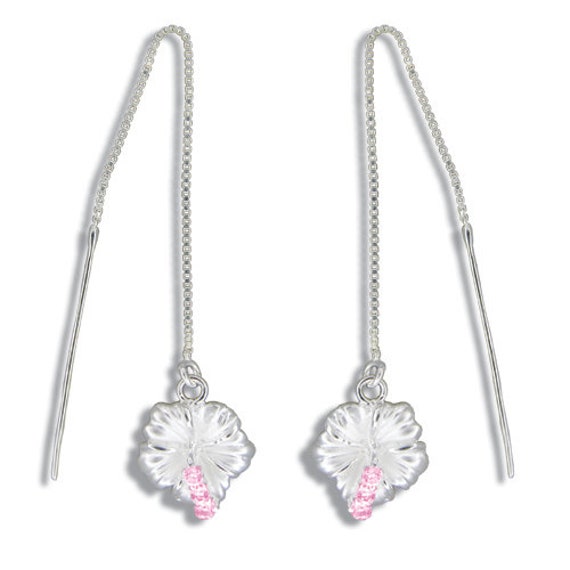 Hawaiian vintage ピアス 925Silver製 フラワー柄 Sterling Silver White Sand Hawaiian Hibiscus With Pink CZ Long