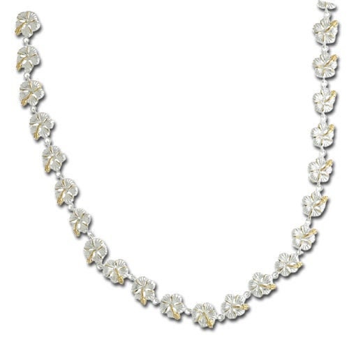 Sterling Silver 2 Tone 9mm Hibiscus Lei Link Necklace N1604 Sterling Silver 2 Tone 9mm Hibiscus Lei Link Necklace N1604