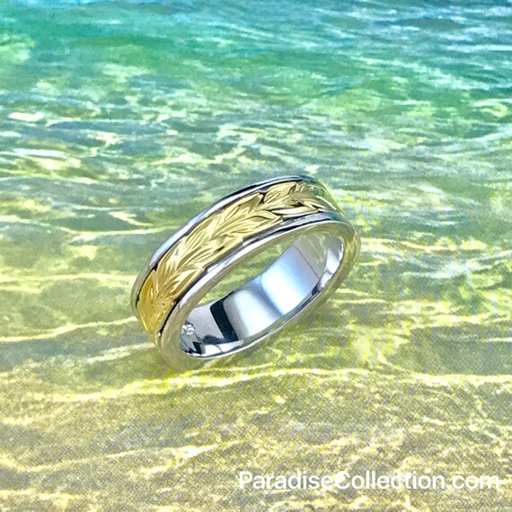 Sterling Silver Hawaiian 14K Yellow Two Toned Maile 6mm Ring Band