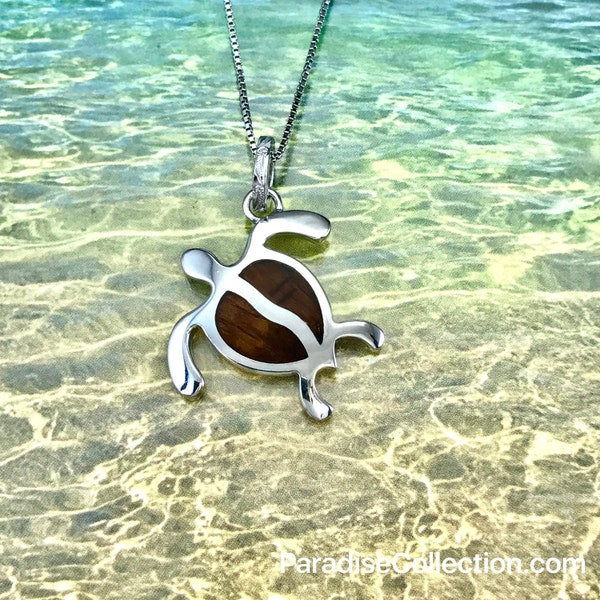 Sterling Silver Hawaiian Koa Wood HONU Pendant (L) with Rhodium Box Chain (P1249)