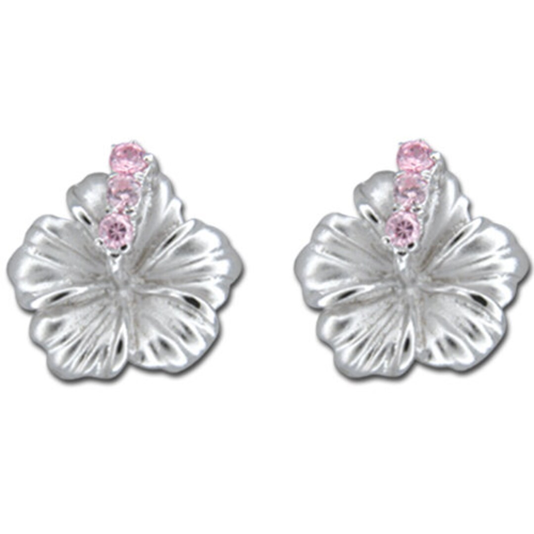 Sterling Silver 15MM Hawaiian Hibiscus With Pink CZ Earrings (e692
