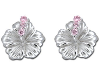 Sterling Silver 15MM Hawaiian Hibiscus with Pink CZ Earrings (E692-Pink)