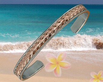 Sterling Silver Hawaiian 14K Rose Two Toned 8mm Maile Cuff Bangle (BC010)