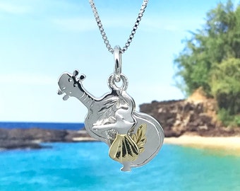 Sterling Silver Yellow Gold Coated Kahiko Hula Dancer and Ukulele Pendant with Rhodium Box Chain (KP2049Y)
