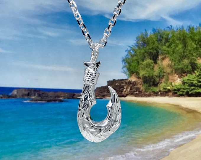 Featured listing image: Sterling Silver Hawaiian Fish Hook with Two Side Engraved Maile Leaf Design Pendant (L) (P299) with Optional Silver Rope Chain