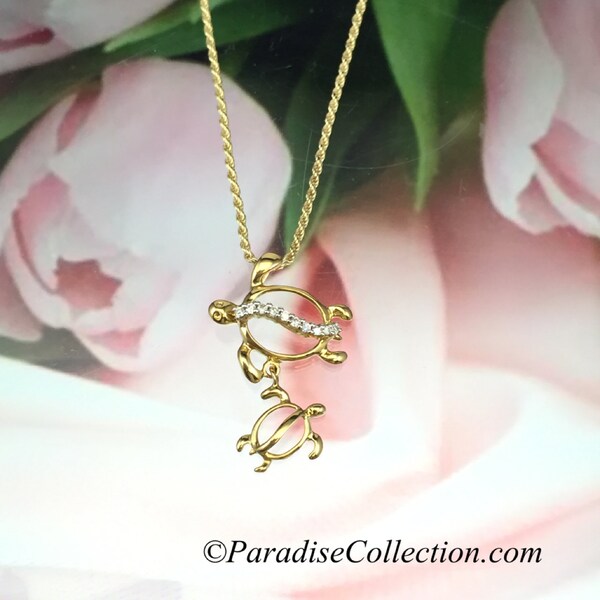 14KT Yellow Gold Diamond Mother and Baby Hawaiian HONU Pendant (DP001Y)  with Optional 14KT Yellow Gold Box Chain