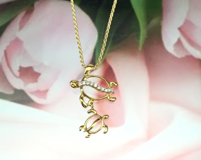 Featured listing image: 14KT Yellow Gold Diamond Mother and Baby Hawaiian HONU Pendant (DP001Y)  with Optional 14KT Yellow Gold Box Chain