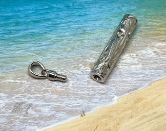 Sterling Silver Hand Carved Hawaiian Cremation Urn Ash Holder (P1284) with Mini Funnel Filler Kit