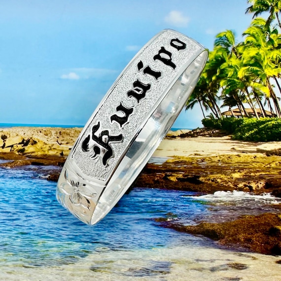 Sterling Silver 12mm Hawaiian Raised Black Enamel Kuuipo Bangle