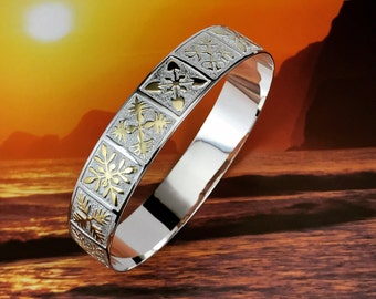 Sterling Silver 2Toned 15mm Hawaiian Mixed Quilt Design Bangle with Plain Edge (B247_15MM)