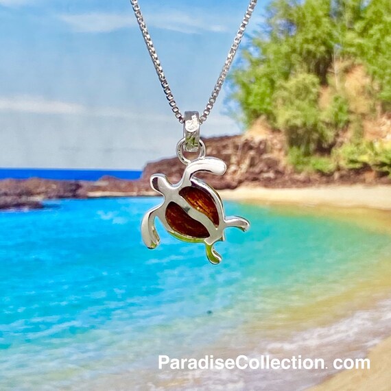 Sterling Silver Hawaiian Koa Wood HONU Pendant S With Rhodium Box